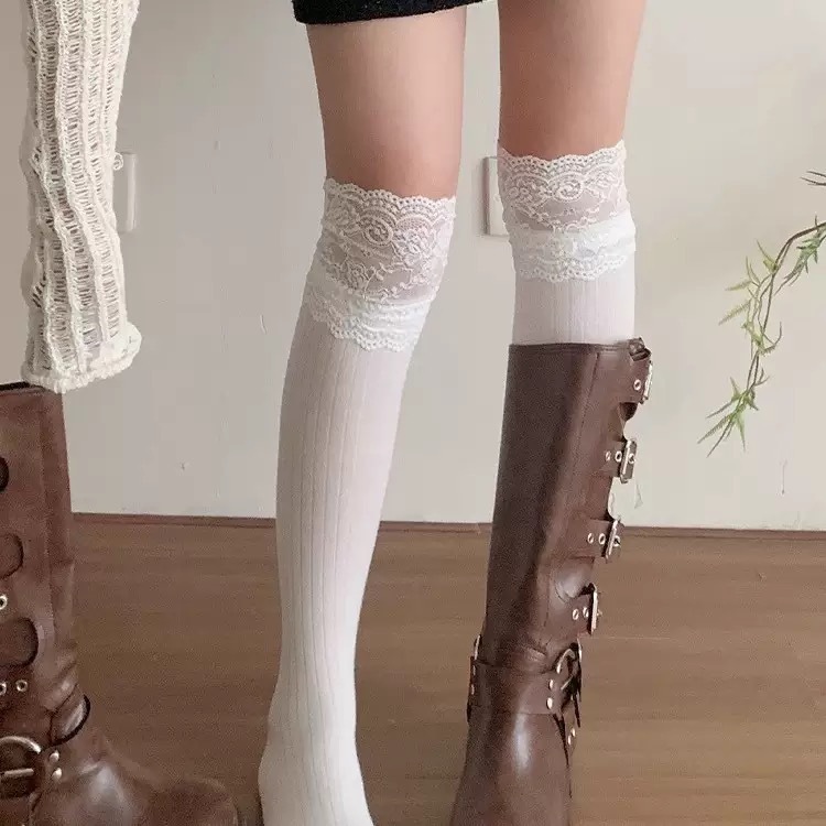 Women's White Lace Top Over-the-Knee Socks, Coquette Slouchy Thigh High Socks With Embroidery Lace Trim, Soft Casual Socks For Daily Wear & Y2K Style