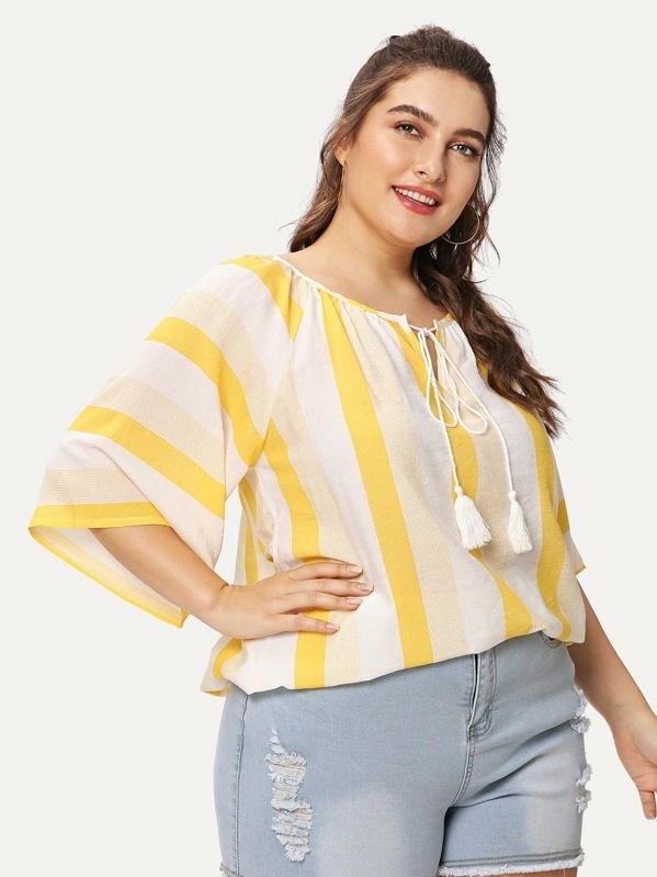 Women's Striped Half Sleeve Top Loose Crew Neck Fringe Belted Shirt Yellow - Shop at LoveMi