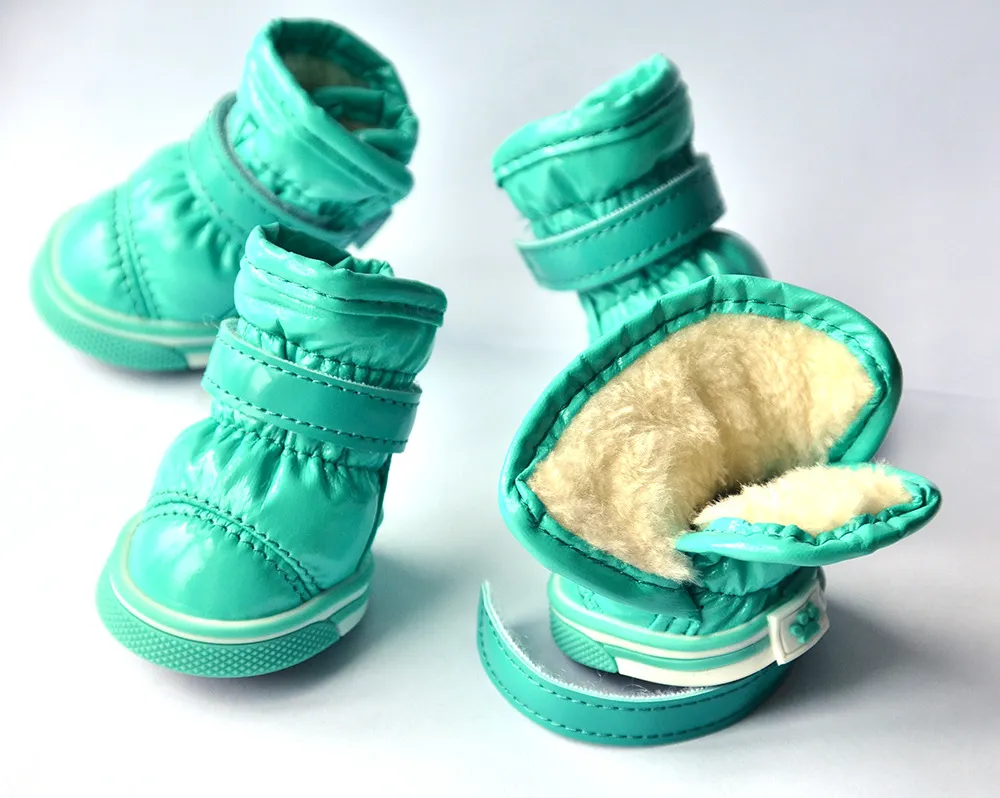 PU Mirror Leather Warm Pet Dog Shoes In Winter - Green