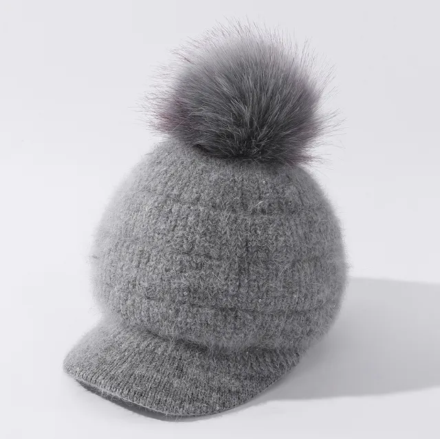 Women's Rabbit Fur Ball Plus Velvet Warm Woolen Hat Grey - Shop at LoveMi