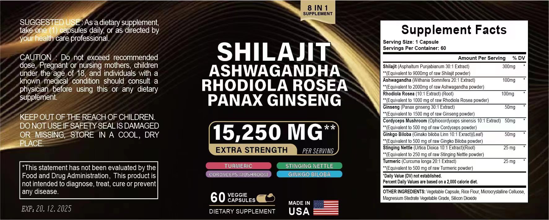 Bottle of Shilajit Pure Himalayan 9000MG, Energy Booster Ashwagandha 2000MG, Rhodiola Rosea 999MG, Panax Ginseng 1500MG, Turmeric 500MG, Ginkgo Biloba 500MG, Stinging Nettle 250MG Cordyceps Mushroom 500