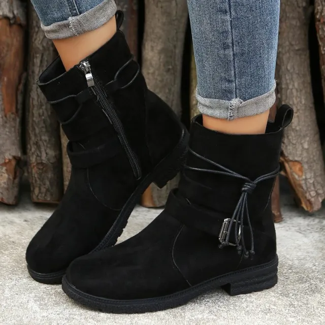 Round Toe Buckle Shoes Casual Retro Boots With Side Zipper Low Heel Outdoor Non Slip Ankle Boots For Women Black - Shop at LoveMi