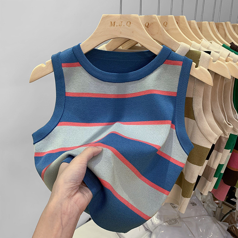 Women's Slim And Slim Knitted Contrast Color Striped Vest