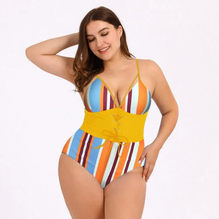 Women's Bikini Print Bouquet Waist Plus Size Swimsuit - D-3Xl