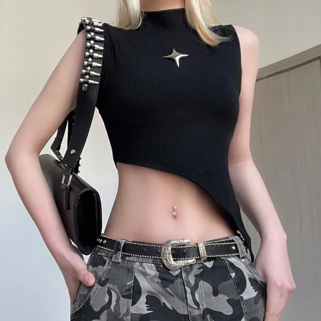 Metal Five pointed Star High Neck Irregular Slimming Base Vest Black - Shop at LoveMi