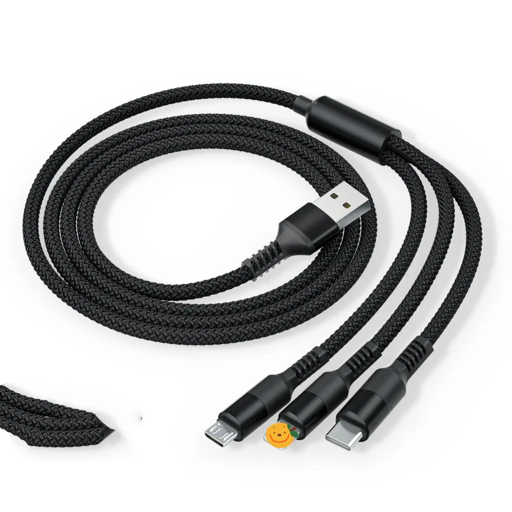 New Nylon Braided 3A Round Head One Tow Three Fast Charging Data Cable