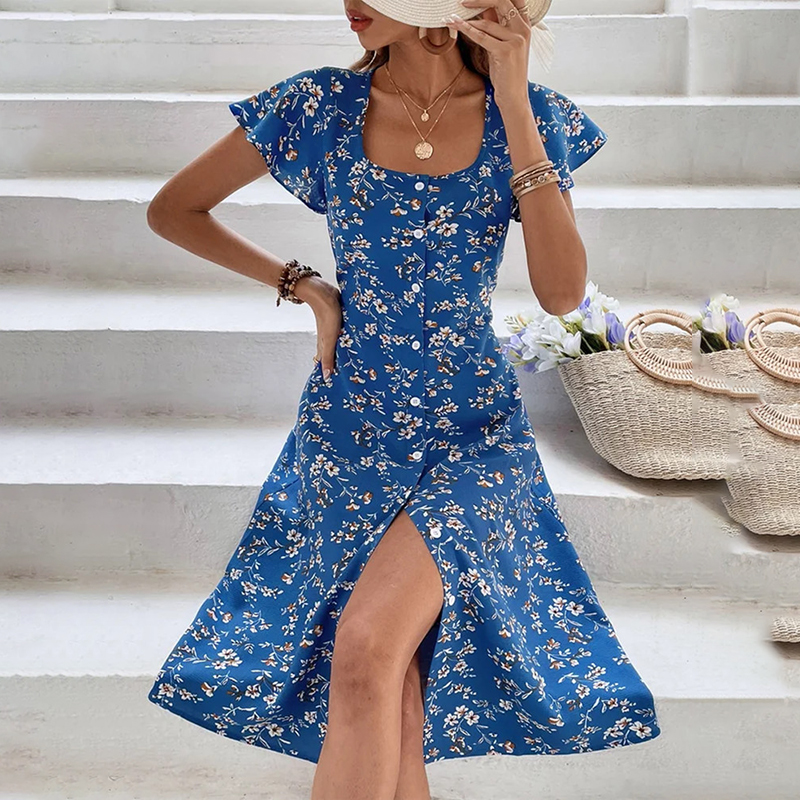 Summer Floral Print Maxi Dress Women Button Up Split Long Flowy Bohemian Beach P - Picture 12 of 15