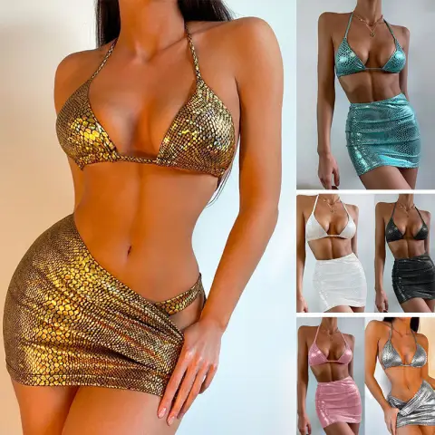 Women's 3 Piece Bathing Suits Halter Snake Pattern Bikini