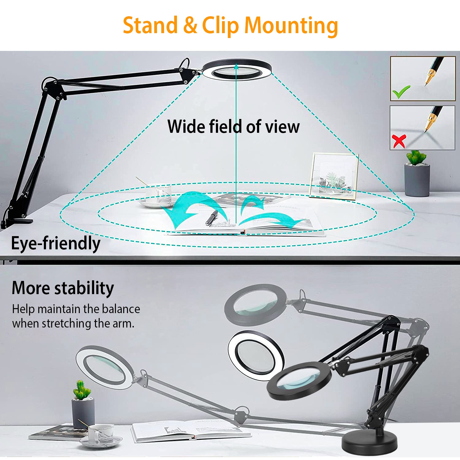 1Pack 2 In 1 LED Magnifier Desk Lamp 8x Magnifying Glass With Light Swing Arm Desk Table Light USB Reading Lamp With Clamp Stand 10 Brightness 3 Modes — foto 4