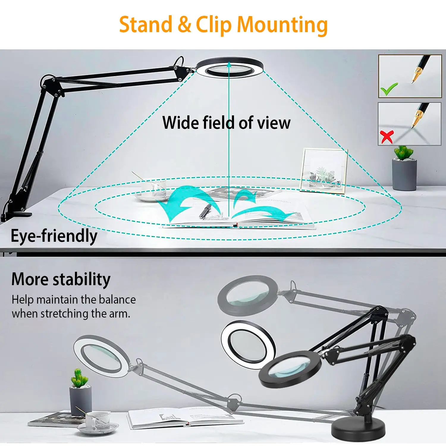 1Pack 2 In 1 LED Magnifier Desk Lamp 8x Magnifying Glass With Light Swing Arm Desk Table Light USB Reading Lamp With Clamp Stand 10 Brightness 3 Modes