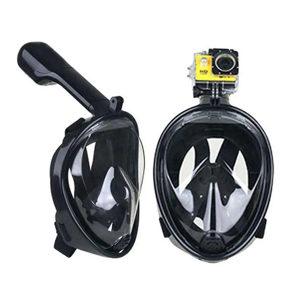 Anti Fog Snorkeling Full Face Mask Silicone Full Dry Diving Goggles With Camera - Black