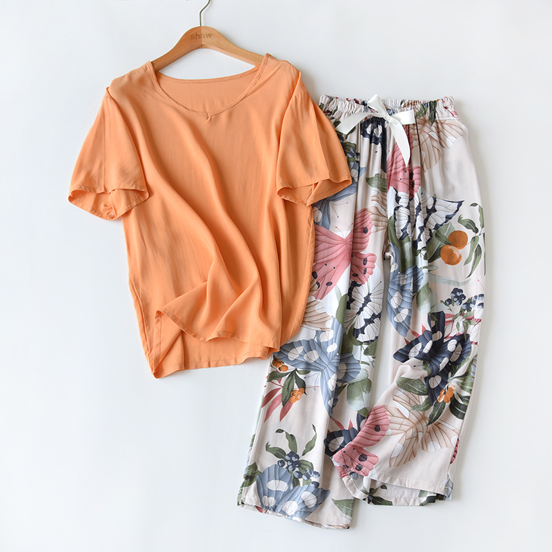 Pure Color Short-sleeved Floral Cropped Wide-leg Pants Summer