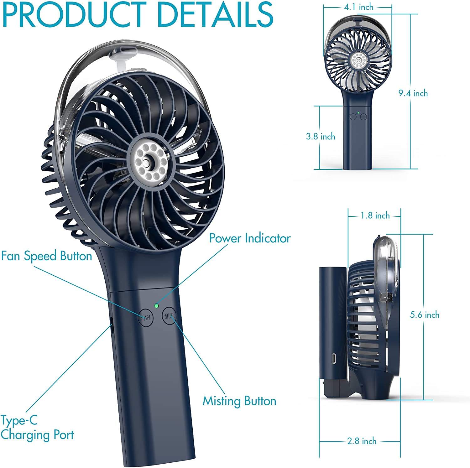 3000mAh Battery Electric USB Mini Cooling Fans Portable Hand view 3