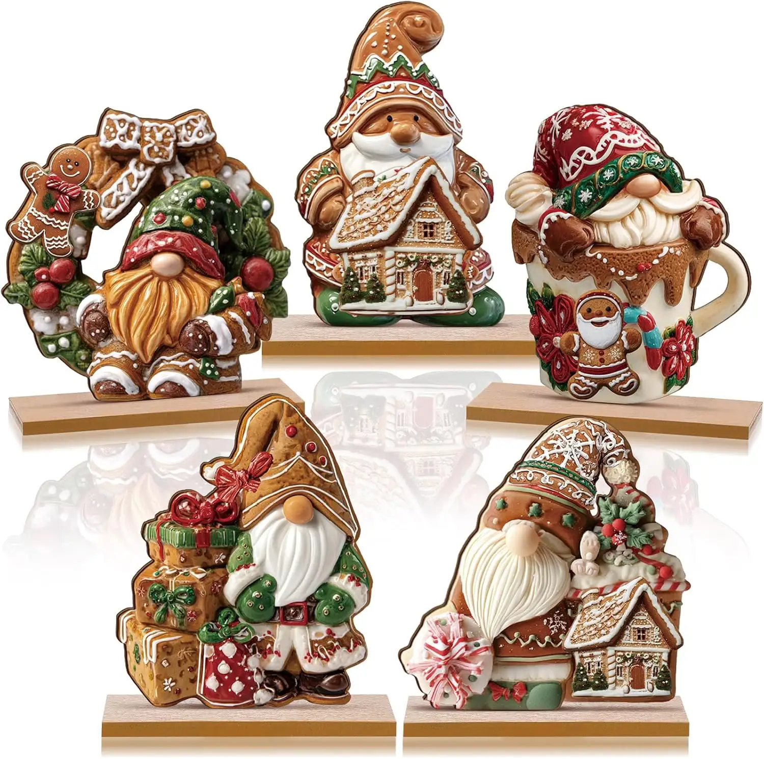 5 Pack Gingerbread Christmas Table Decorations, Wooden
