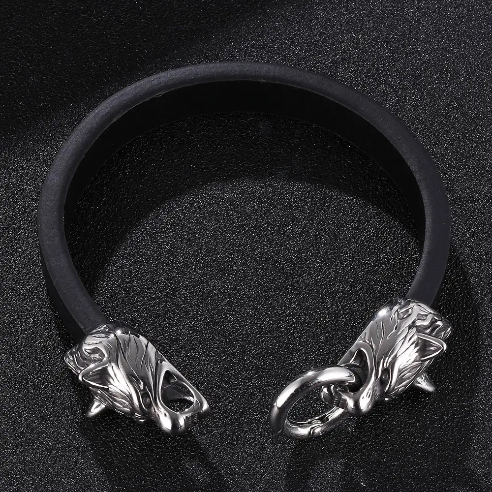 New Viking Titanium Steel Wolf Head Handmade Leather Rope Bracelet