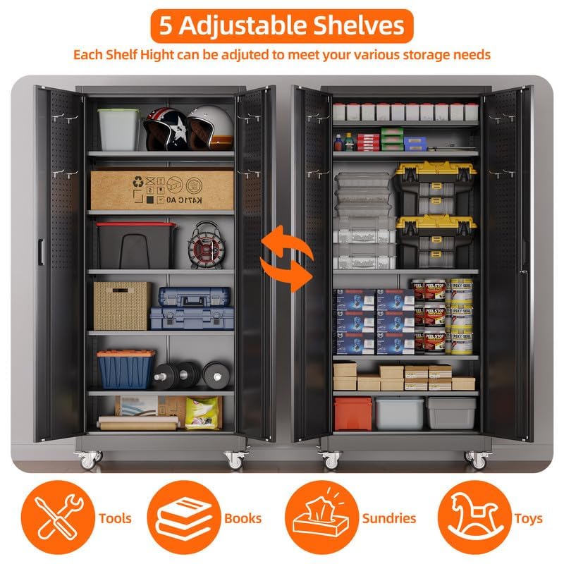 Aobabo Metal Storage Cabinet With Wheels And Door Pegboard Garage And Business Storage For Tools And Office Supplies 5 Adjustable Shelves, Lockable Black Cabinet