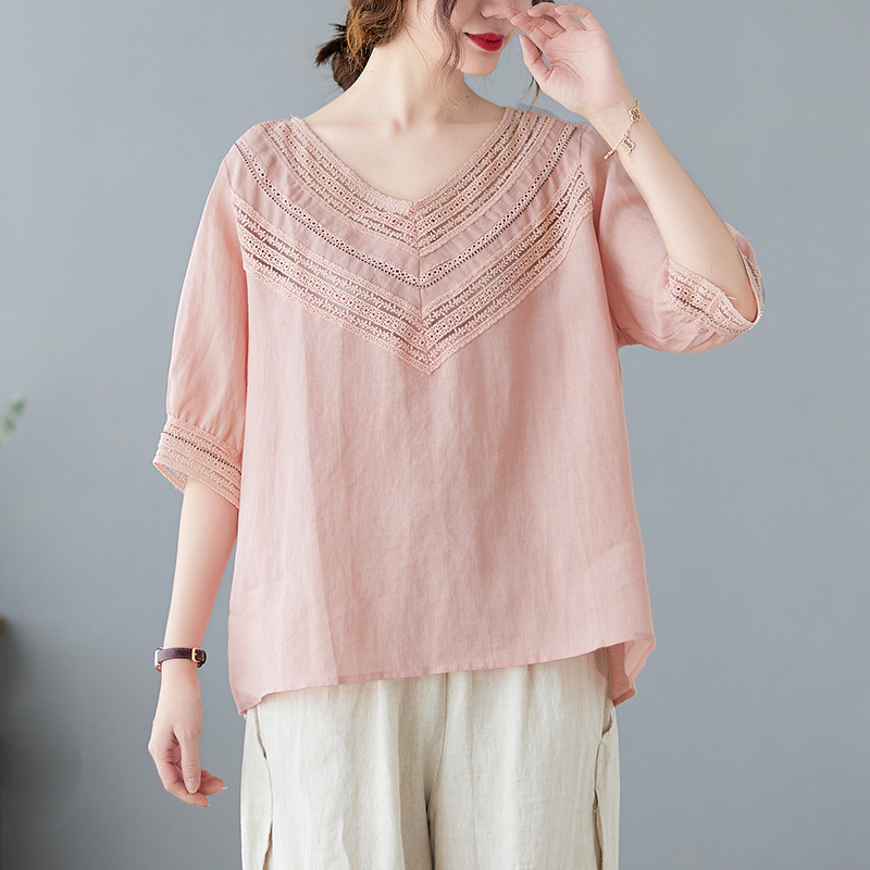 Women's Fashion Dignified Hollow Ramie Half Sleeve Shirt