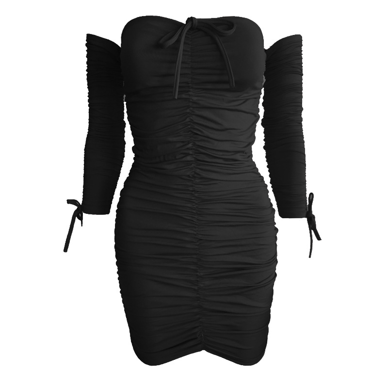 Pleated Tube Top Sexy Dress, Wrapped Chest, One-line Neck, Long Sleeves, Pleated Skirt