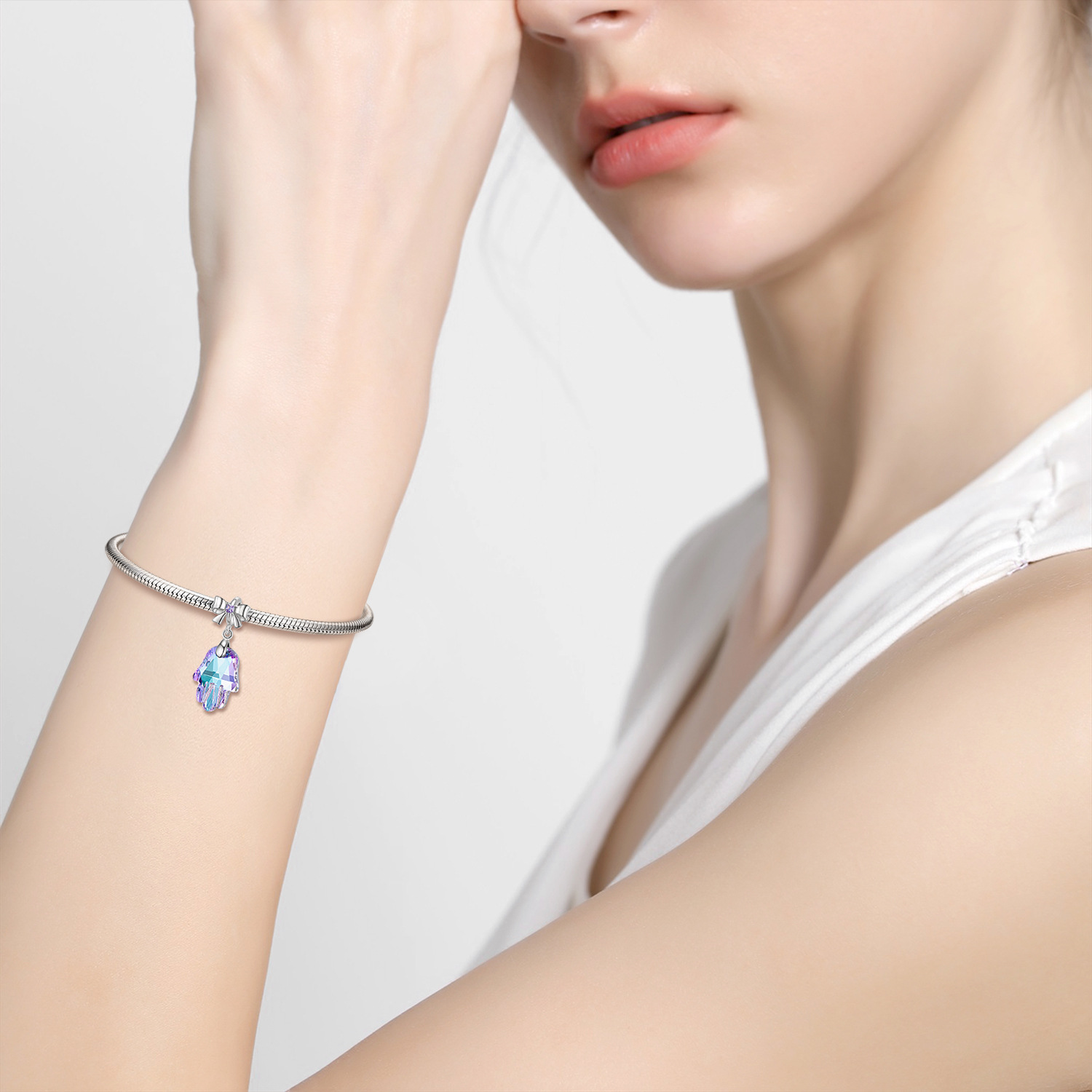 Purple Light Fatima's Hand Crystal 925 Sterling Silver Bow Necklace Bracelet Diy Pendant