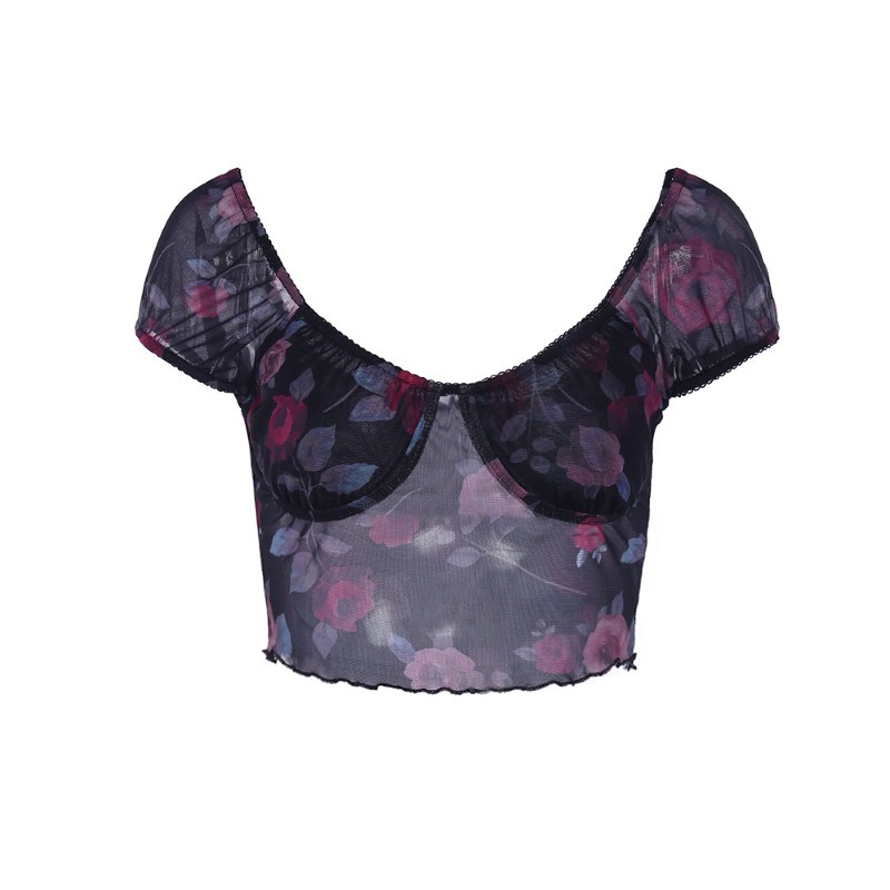 Navel print short short-sleeved t-shirt