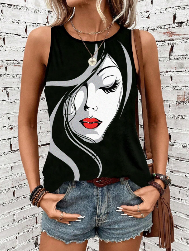 بلوزة صيفية بنقشة وجه هندسية وياقة دائرية