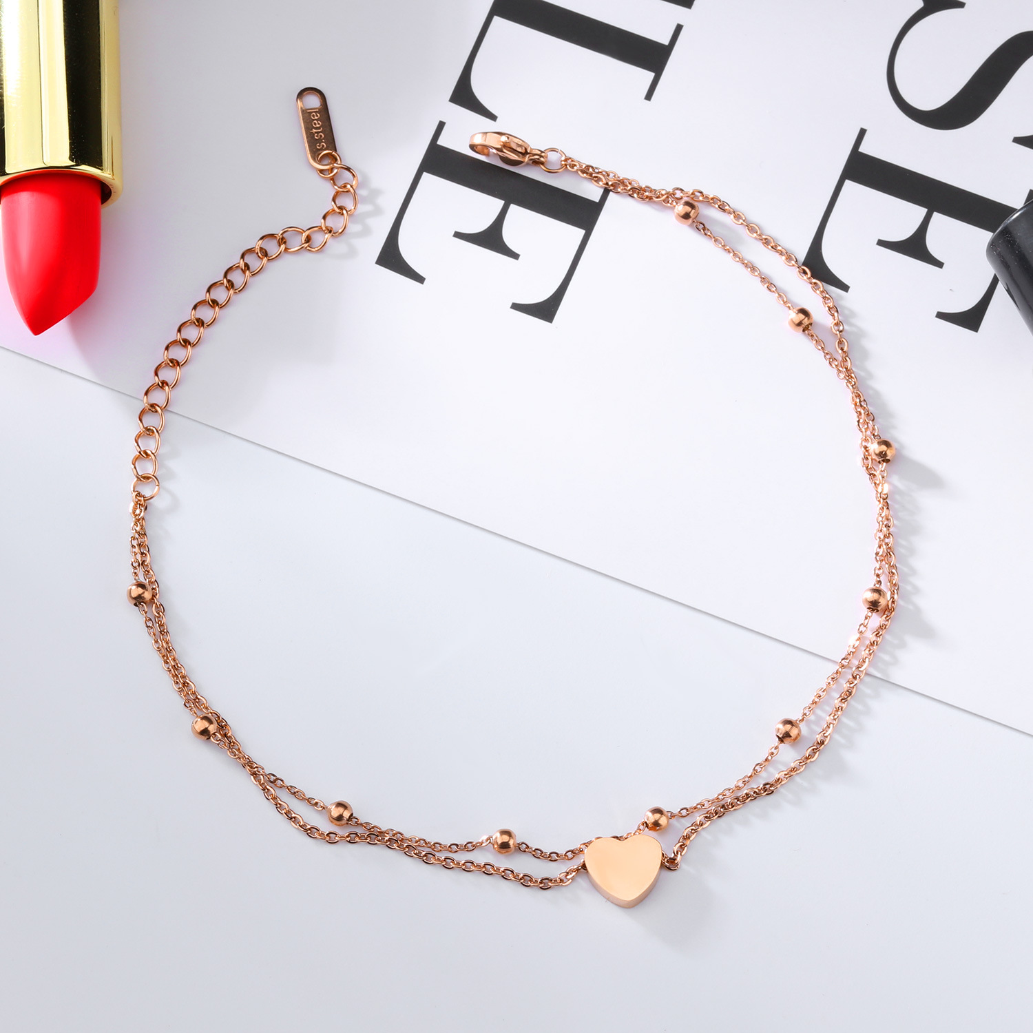 Titanium Steel Girls Bracelet And Anklet Dual-Purpose Rose Gold-Plated Double-Layer Love Design Anklet