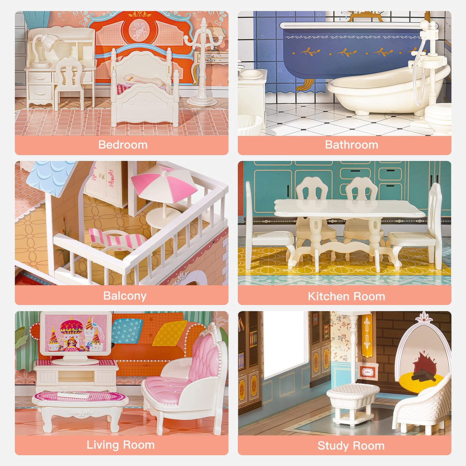 Wooden Dollhouse For Kids Girls Toy Gift. Features: Dreamhouse Dollhouse with Furniture & Accessories Features, Girl's dream dollhouse-Realistic Design and fun game experience, The interior is very colorful and illustrated with much detail, Sturdy and dur