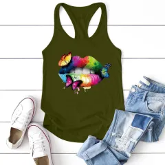 Multicoloured Lips Butterflies Printed Tank Top Women - Army Green - View 1