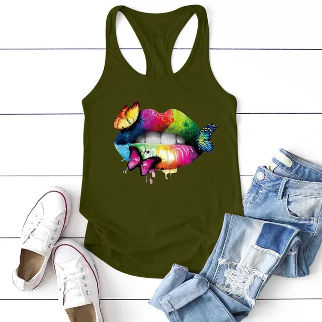 Multicolored Lips Butterflies Printed Tank Top Women Army Green - Shop at LoveMi