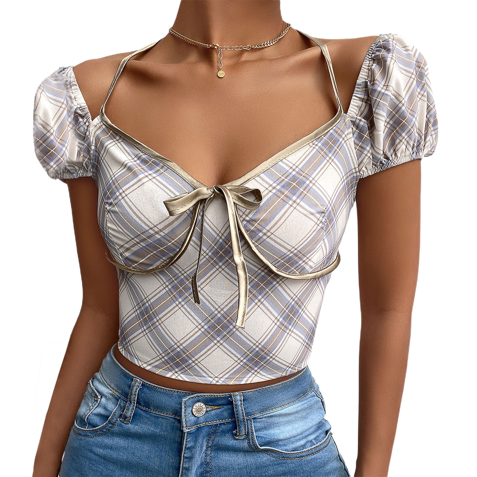 Satin-trimmed Sexy Sling Halter Neck Bow Tie Top