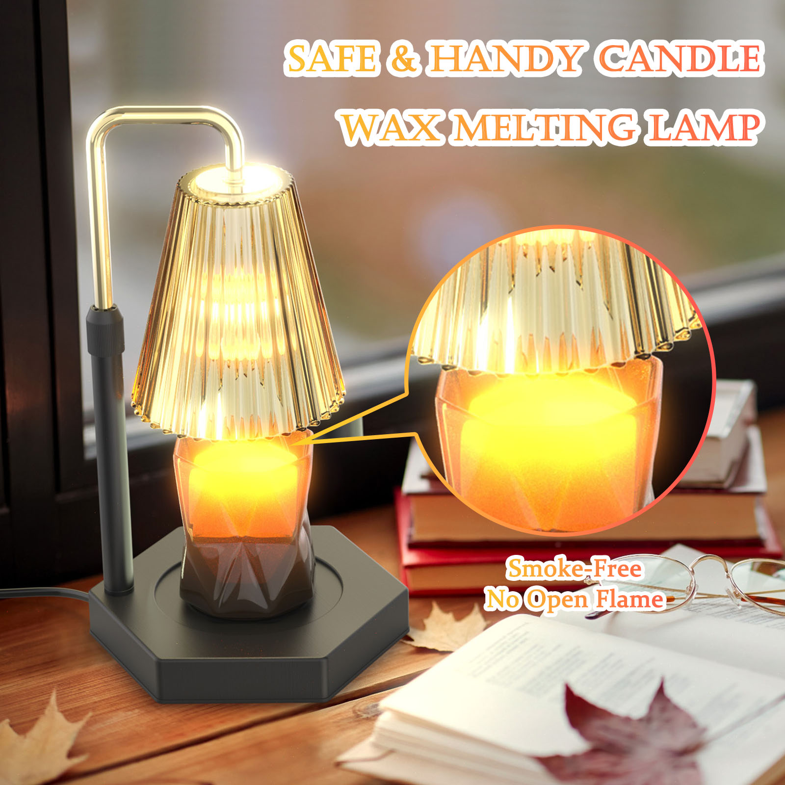 Dimmable Candle Warmer Lamp with Timer. Retro-style Candle Warmer Lamp: Our candle warmer lamp has a combination of amber glass shade and black wooden base, uniquely designed hexagonal base to add an artistic touch and can decorate your room well.( Candle