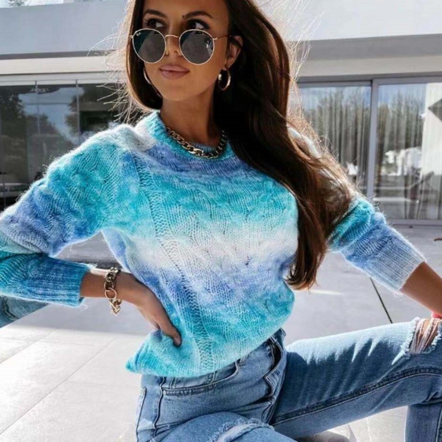 New Arrival Women's Pullover Long-sleeved Round Neck Gradient Rainbow Slim-fit Sweater