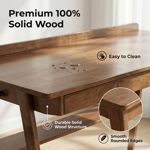 Solid Wood Writing Desk, Home Office Desk For Small Spaces, Mid Century Modern Desks With 2 Drawers & Storage Shelf, Standing Desk With Side Hooks For Study, Bedroom, Office  Walnut — foto 8