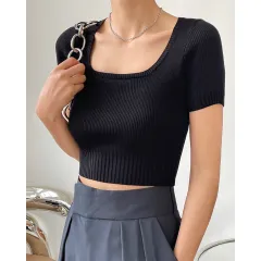 Bloggerstyle Fashionable Squareneck Short Navel Tshirt Slimming Shortsleeved Knitted Top Women - Black - View 1