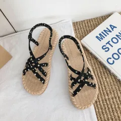 Student Fashion Simple Roman Strap Sandals Flat Shoes Trend - Black - View 1
