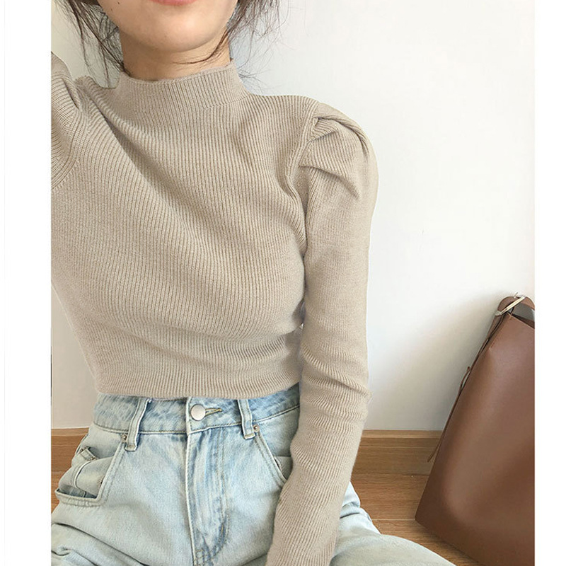 Title 5, Puff Sleeve Half High Neck Knitted Bottoming Shirt