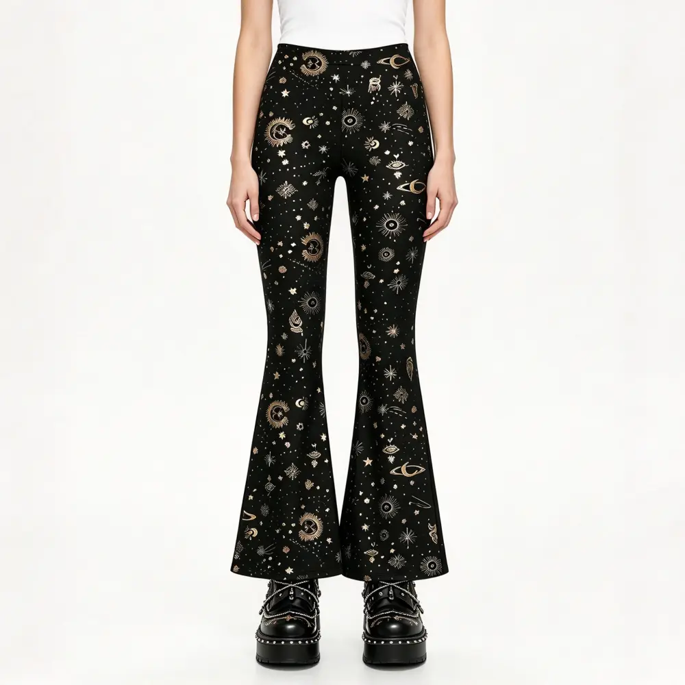 Women's Sun Moon Star Galaxy Print High Waist Flare
