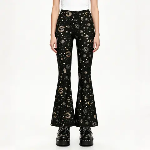 Women's Sun Moon Star Galaxy Print High Waist Flare