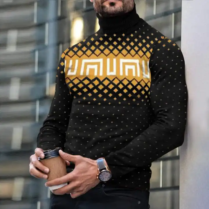 Autumn Winter Men's Long Sleeve Turtleneck T Shirt Printed Casual Top