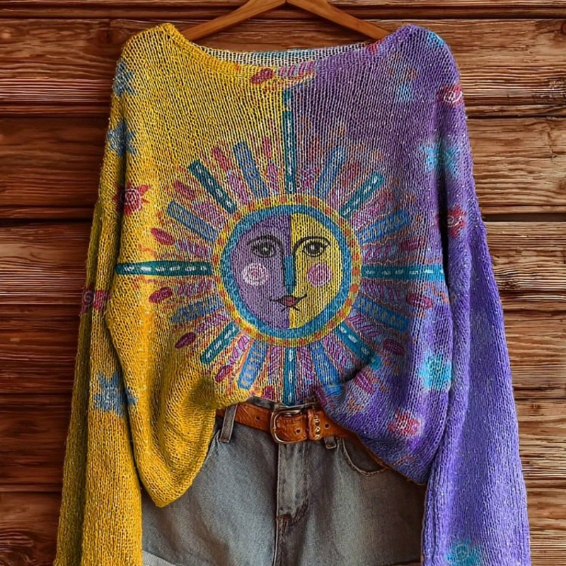 Women's Bohemian 3D Digital Print Sweater Oversized Loose Long Sleeve Pullover Women's Comfortable Sweater, Casual Long Sleeve Sweater Mixed Color - Shop at LoveMi