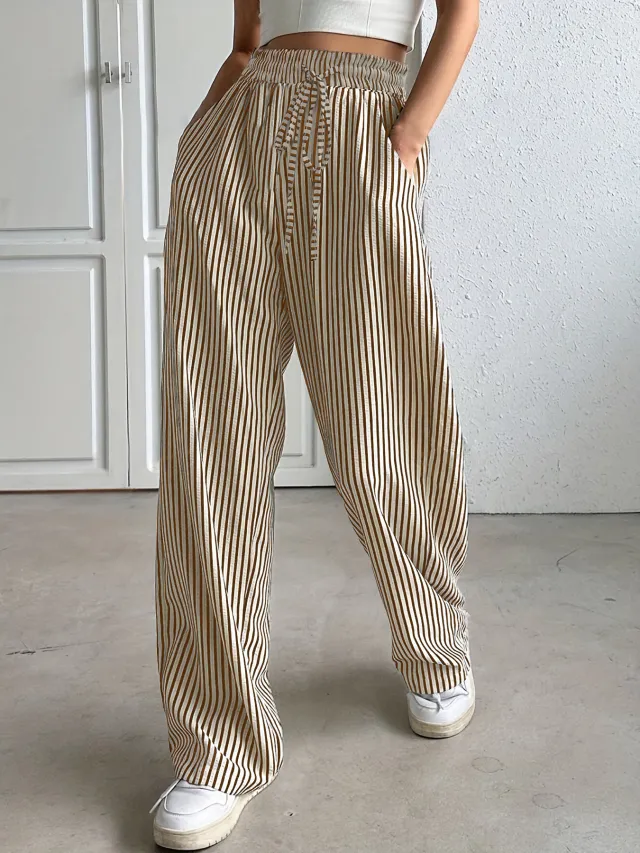Striped Casual Straight leg Trousers Dark Brown - Shop at LoveMi