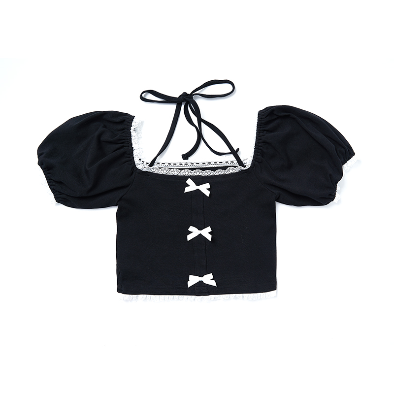 Original Homemade French Puff Sleeve Bow Knitted Top