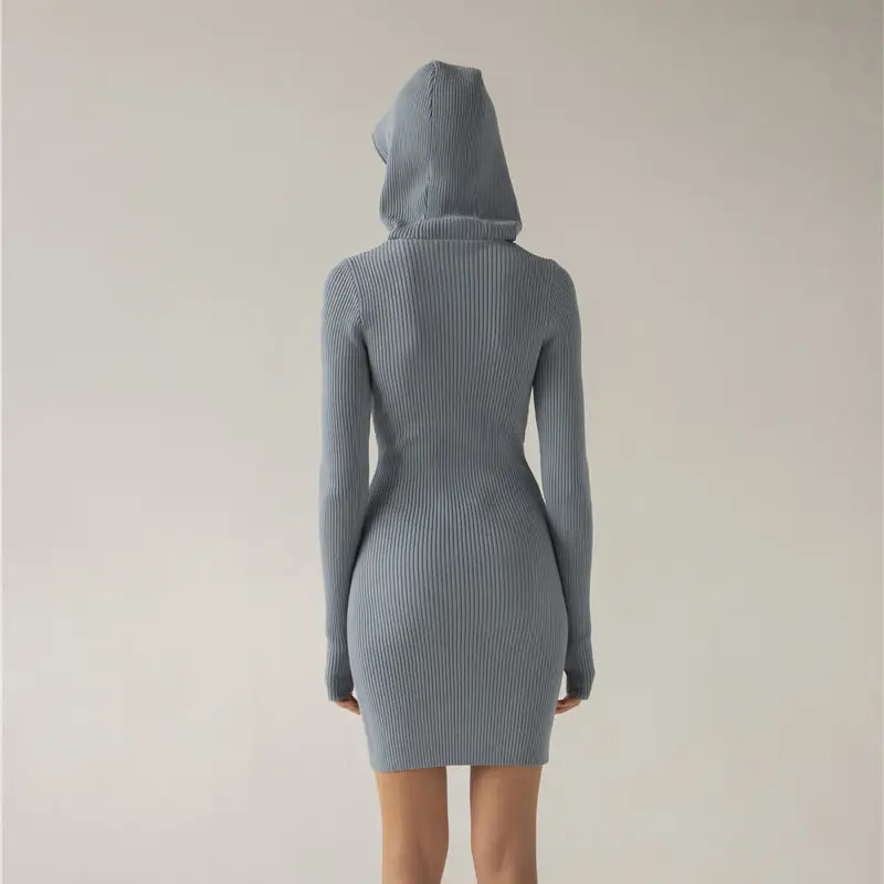 Women's Solid Color Threaded Hooded Long Sleeve Short Dress