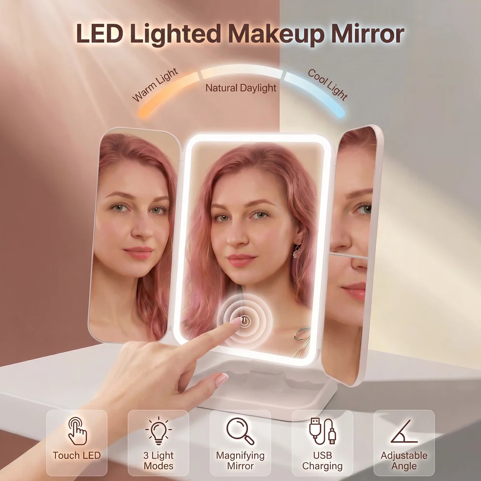 Rechargeable LED Makeup Mirror With 3 Light Modes, 2X-3X Magnification And Folding Side Mirrors
