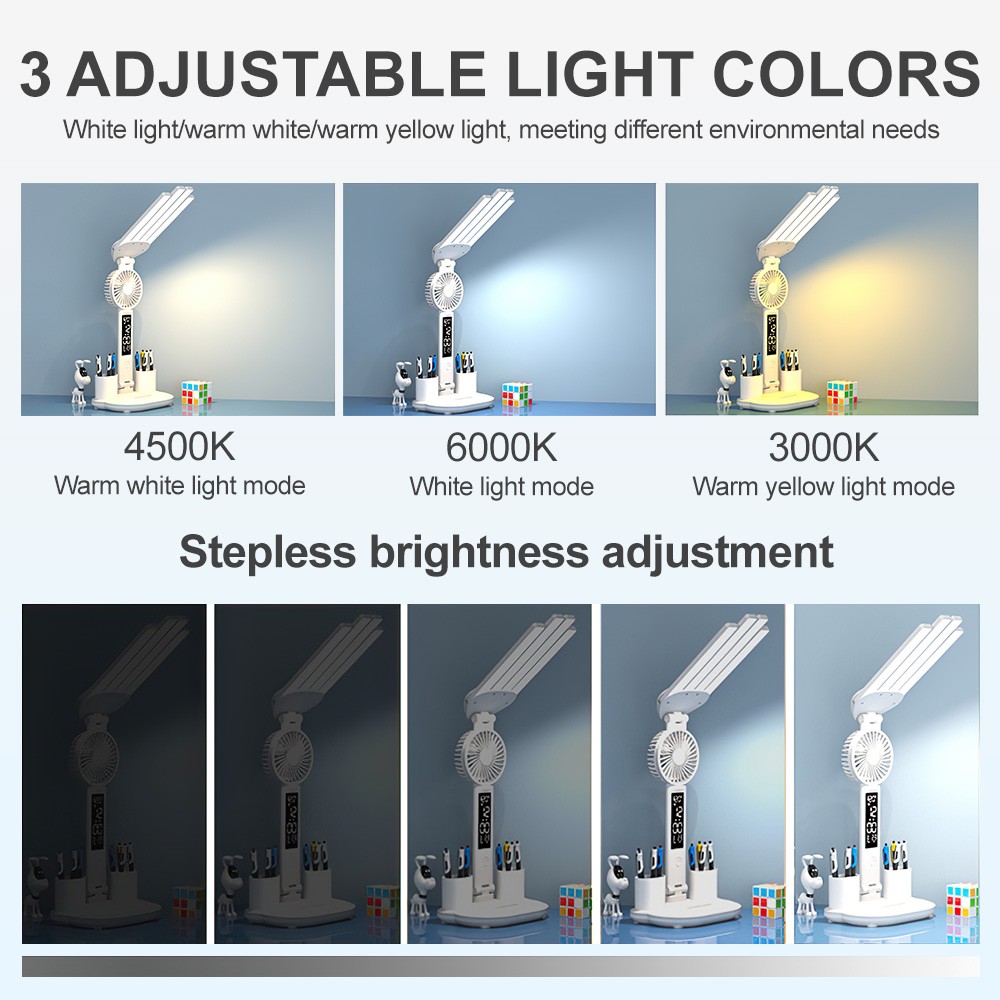 4-Head LED Desk Reading Lamp With Fan Clock Dimmable Rechargeable Touch Light — image 10