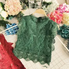 Femmes Sweet Dentelle Crop Top Sans Manches O Cou Blouse Transparent - Green - View 1