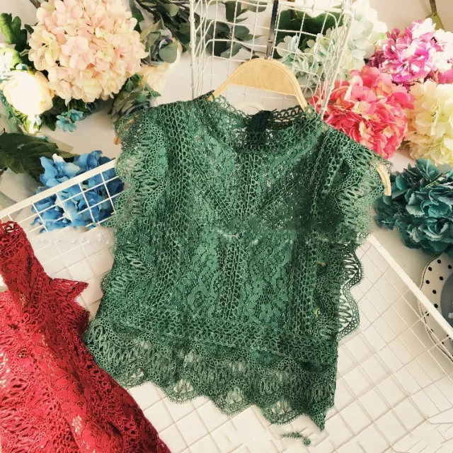 Femmes Sweet Dentelle Crop Top Sans Manches O Cou Blouse Transparent Green - Shop at LoveMi
