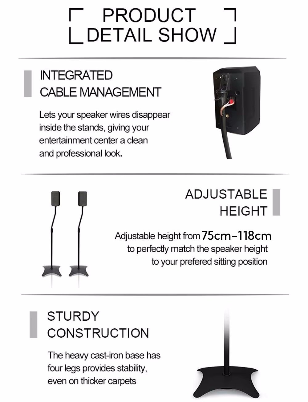 2x Universal Satellite Surround Speaker Stands Floor Standing 75-118cm Adjust