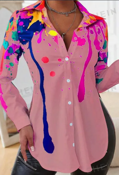 Spring And Autumn Leisure Ink Splash Printed Side Slit Long Sleeve Shirt Pink - Shop at LoveMi