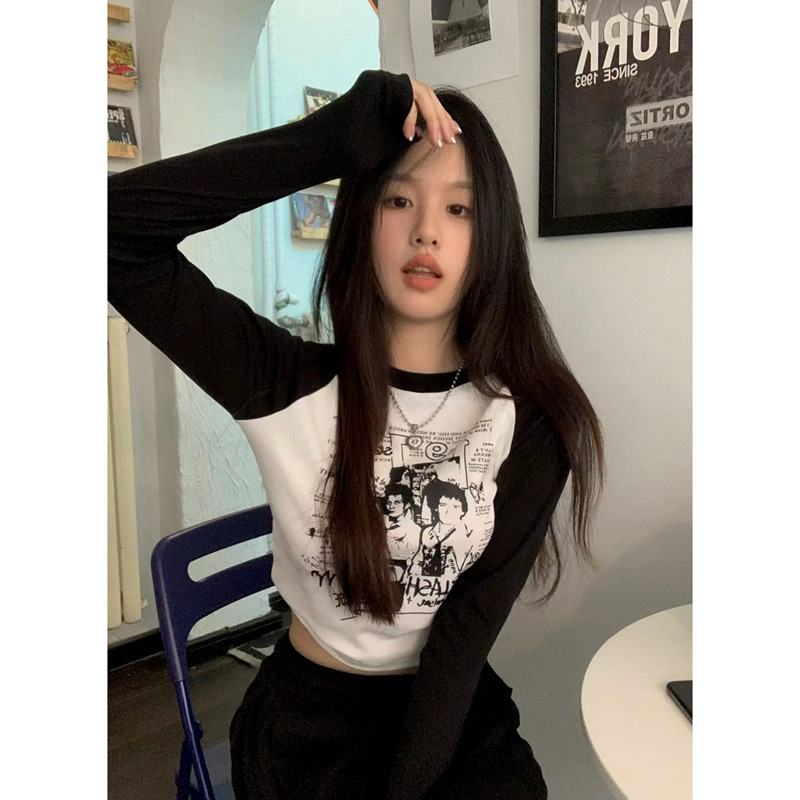 Stitching Contrast Color Cotton Printed Short Top Tight-Fitting Long-Sleeved T-shirt Women Grunge Clothes